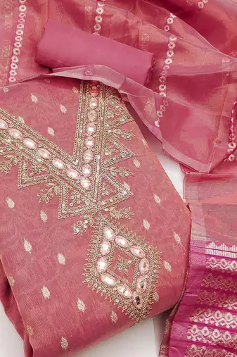 pink weaved shimmer butti unstitched dress material 
