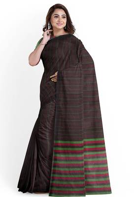 Dark brown striped cotton blend saree with green border 2