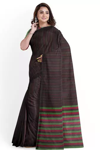 Dark brown striped cotton blend saree with green border
