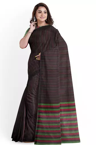 Dark brown striped cotton blend saree with green border