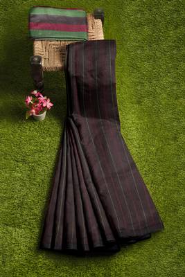 Dark brown striped cotton blend saree with green border 4