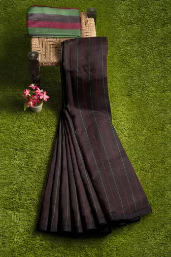 Dark brown striped cotton blend saree with green border
