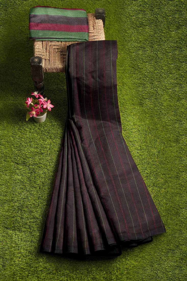 Dark brown striped cotton blend saree with green border
