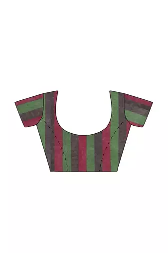 Dark brown striped cotton blend saree with green border