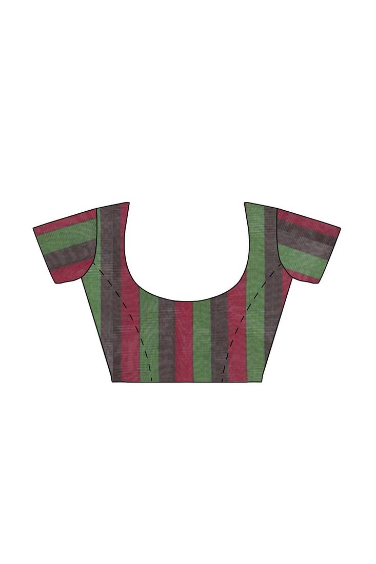 Dark brown striped cotton blend saree with green border