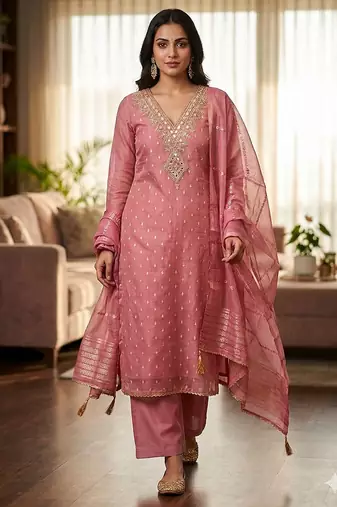 pink weaved shimmer butti unstitched dress material 