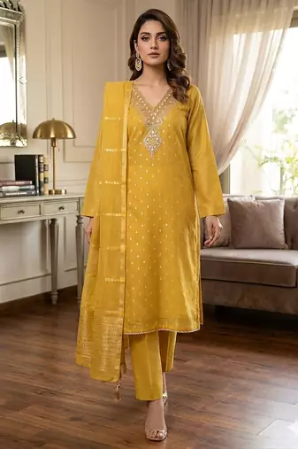 yellow  weaved shimmer butti unstitched dress material 