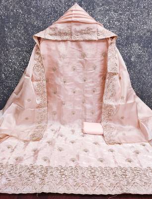 peach embroidered jimmi choo silk blend unstitched dress material  2