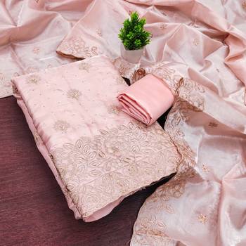peach embroidered jimmi choo silk blend unstitched dress material  3