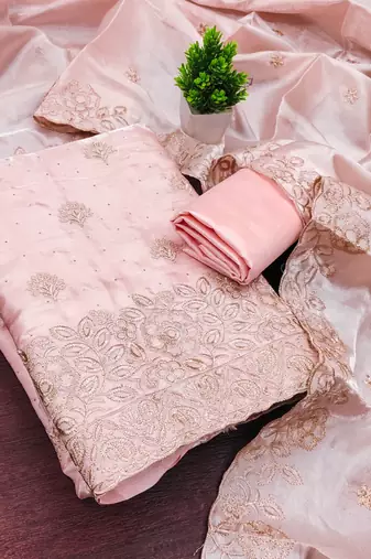 peach embroidered jimmi choo silk blend unstitched dress material 