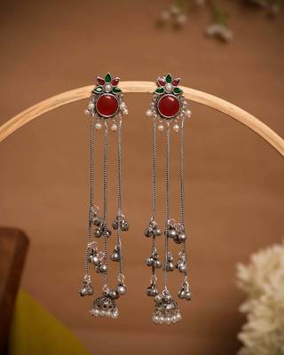 Oxidised Silver Look Long Chain Jhumka Earrings for Women with Artificial Stones & Pearl Drops 1