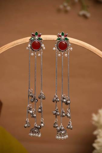 Oxidised Silver Look Long Chain Jhumka Earrings for Women with Artificial Stones & Pearl Drops