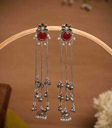 Oxidised Silver Look Long Chain Jhumka Earrings for Women with Artificial Stones & Pearl Drops