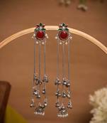 Oxidised Silver Look Long Chain Jhumka Earrings for Women with Artificial Stones & Pearl Drops
