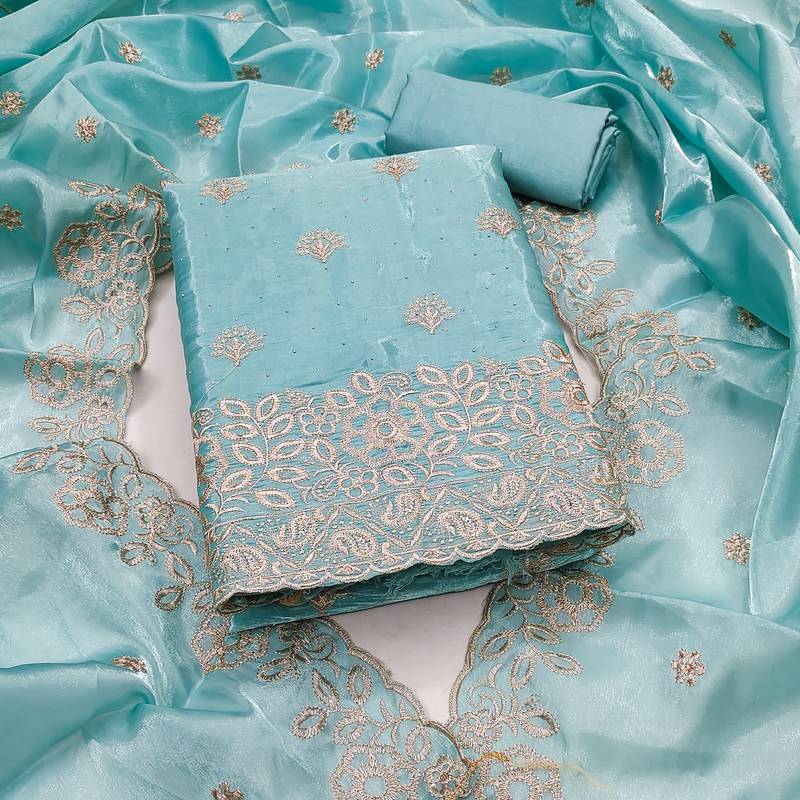 sky blue embroidered jimmi choo silk blend unstitched dress material 
