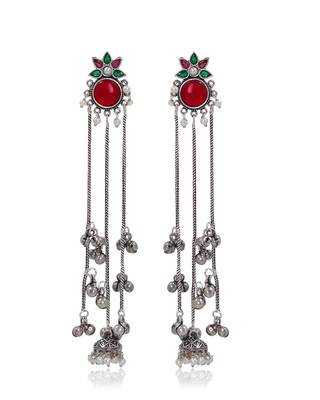 Oxidised Silver Look Long Chain Jhumka Earrings for Women with Artificial Stones & Pearl Drops 2