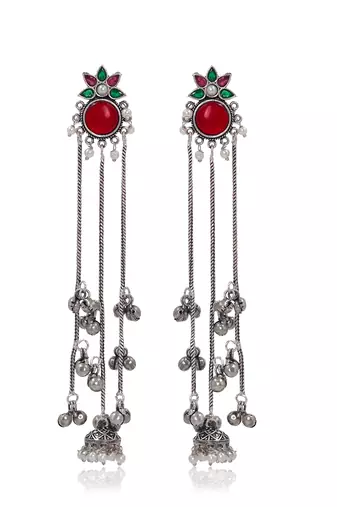 Oxidised Silver Look Long Chain Jhumka Earrings for Women with Artificial Stones & Pearl Drops