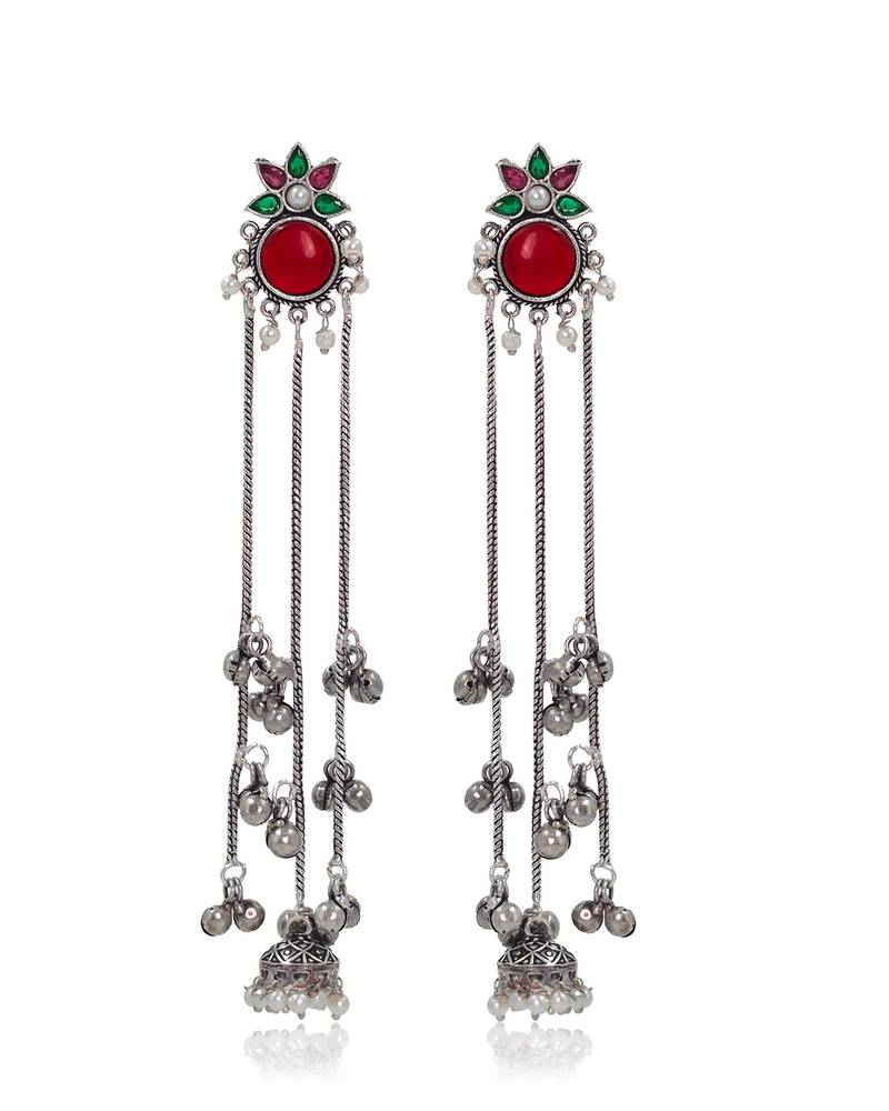 Oxidised Silver Look Long Chain Jhumka Earrings for Women with Artificial Stones & Pearl Drops