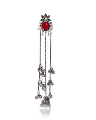 Oxidised Silver Look Long Chain Jhumka Earrings for Women with Artificial Stones & Pearl Drops 3