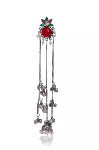 Oxidised Silver Look Long Chain Jhumka Earrings for Women with Artificial Stones & Pearl Drops