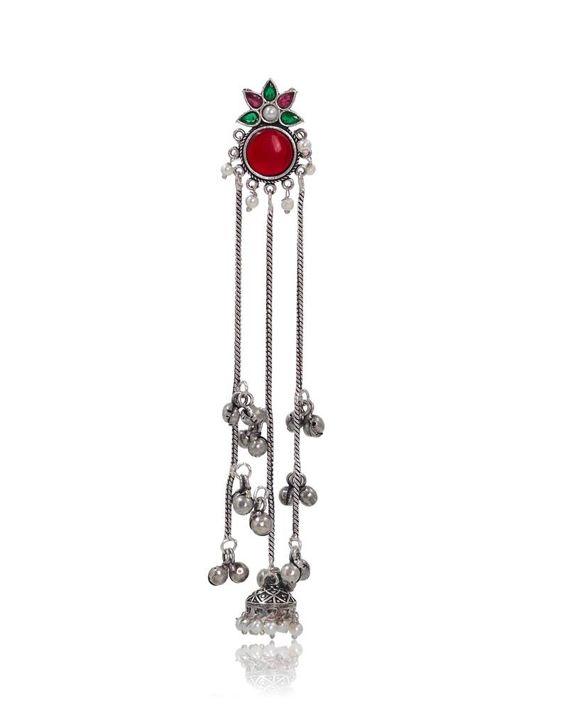 Oxidised Silver Look Long Chain Jhumka Earrings for Women with Artificial Stones & Pearl Drops