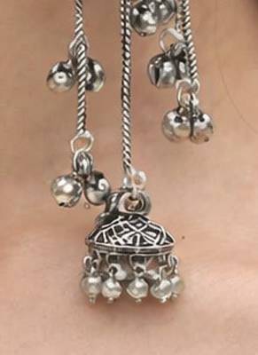 Oxidised Silver Look Long Chain Jhumka Earrings for Women with Artificial Stones & Pearl Drops 4