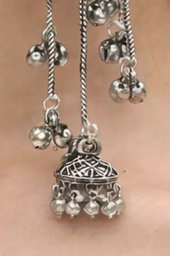 Oxidised Silver Look Long Chain Jhumka Earrings for Women with Artificial Stones & Pearl Drops