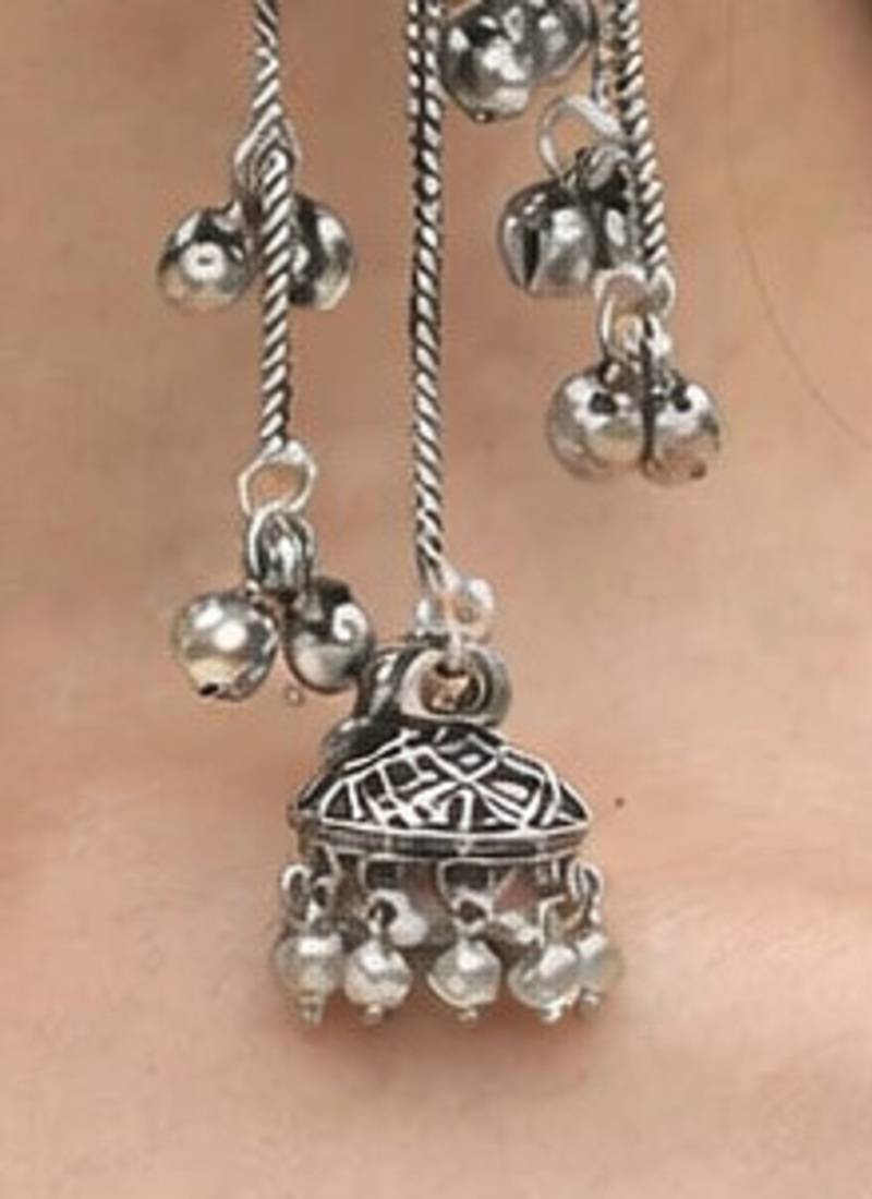 Oxidised Silver Look Long Chain Jhumka Earrings for Women with Artificial Stones & Pearl Drops