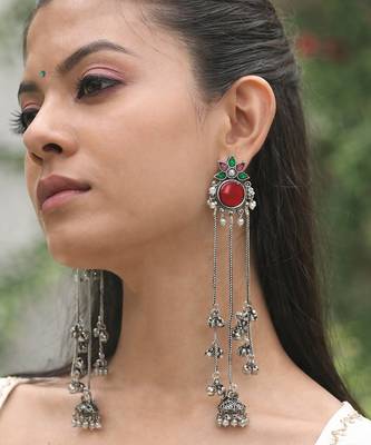 Oxidised Silver Look Long Chain Jhumka Earrings for Women with Artificial Stones & Pearl Drops 5
