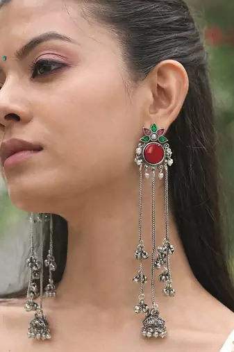 Oxidised Silver Look Long Chain Jhumka Earrings for Women with Artificial Stones & Pearl Drops