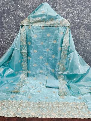 sky blue embroidered jimmi choo silk blend unstitched dress material  2