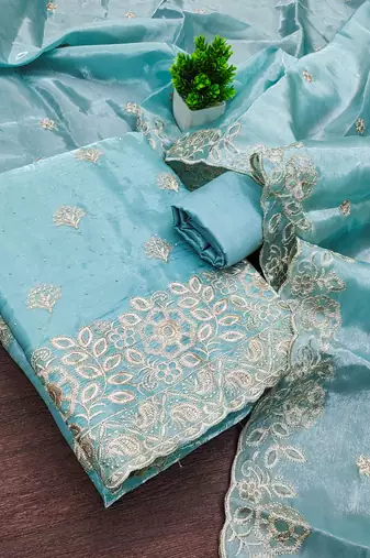 sky blue embroidered jimmi choo silk blend unstitched dress material 