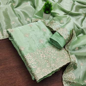 sea green embroidered jimmi choo silk blend unstitched dress material  3