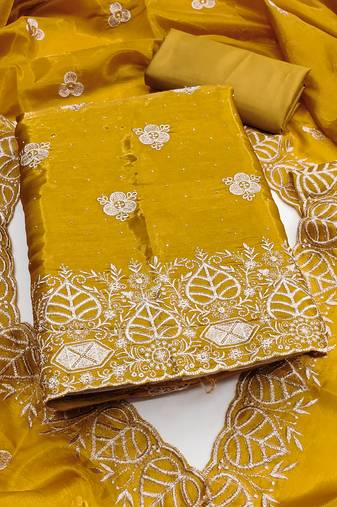 mustard embroidered jimmi choo silk blend unstitched dress material 
