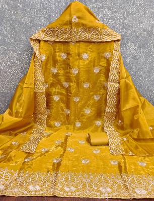 mustard embroidered jimmi choo silk blend unstitched dress material  2