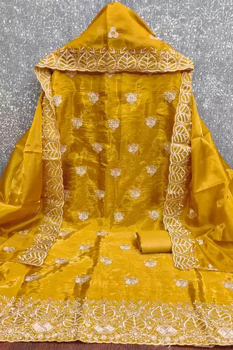 mustard embroidered jimmi choo silk blend unstitched dress material 