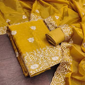 mustard embroidered jimmi choo silk blend unstitched dress material  3