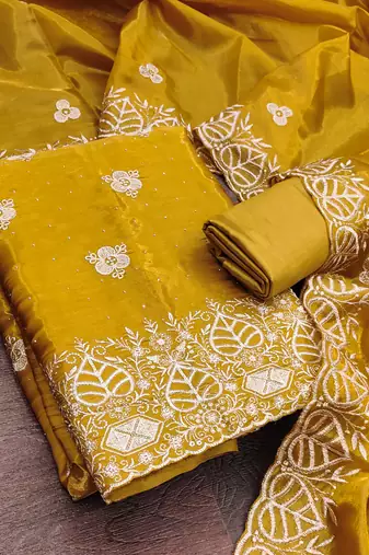mustard embroidered jimmi choo silk blend unstitched dress material 