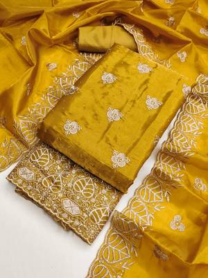 mustard embroidered jimmi choo silk blend unstitched dress material  4