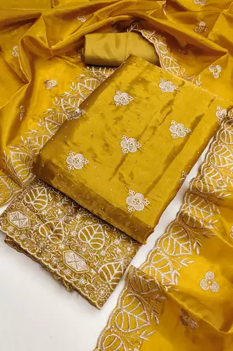 mustard embroidered jimmi choo silk blend unstitched dress material 