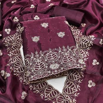 wine embroidered jimmi choo silk blend unstitched dress material  1