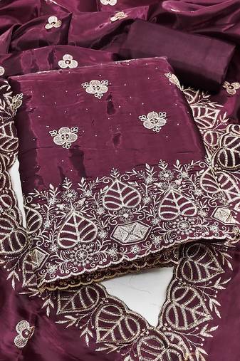 wine embroidered jimmi choo silk blend unstitched dress material 