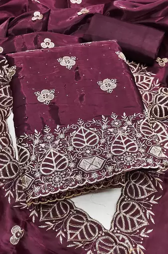 wine embroidered jimmi choo silk blend unstitched dress material 