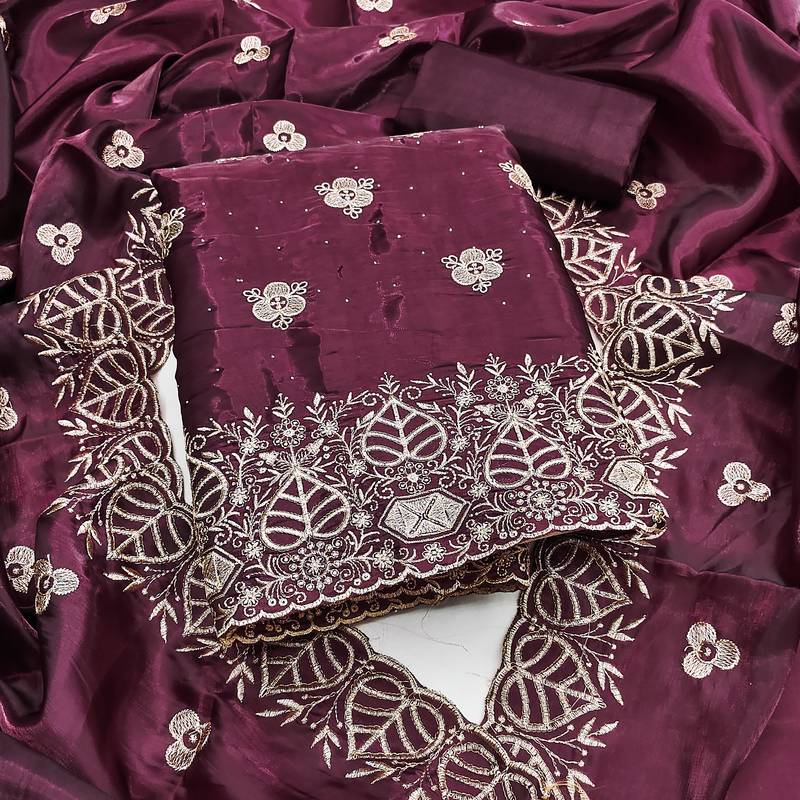 wine embroidered jimmi choo silk blend unstitched dress material 