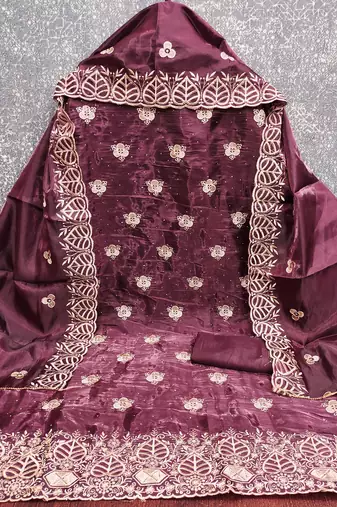 wine embroidered jimmi choo silk blend unstitched dress material 