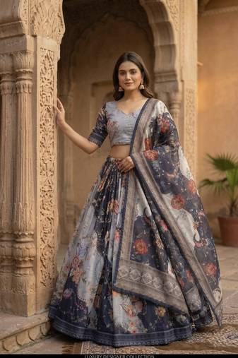 NAVY BLUE SEQUINS ZARI EMROIDERY WORK ORGANZA LEHENGA CHOLI SET FOR WOMEN'S