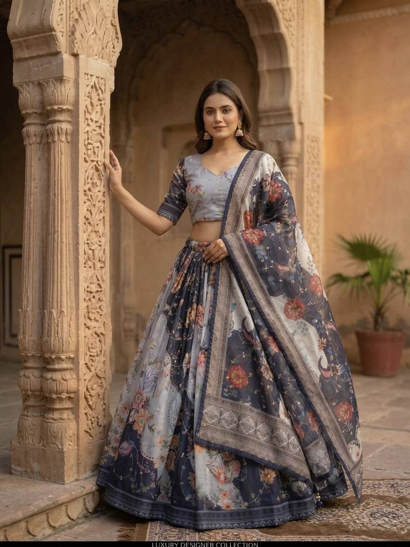 NAVY BLUE SEQUINS ZARI EMROIDERY WORK ORGANZA LEHENGA CHOLI SET FOR WOMEN'S