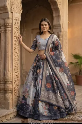 NAVY BLUE SEQUINS ZARI EMROIDERY WORK ORGANZA LEHENGA CHOLI SET FOR WOMEN'S