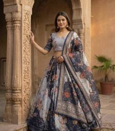 NAVY BLUE SEQUINS ZARI EMROIDERY WORK ORGANZA LEHENGA CHOLI SET FOR WOMEN'S