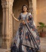 NAVY BLUE SEQUINS ZARI EMROIDERY WORK ORGANZA LEHENGA CHOLI SET FOR WOMEN'S